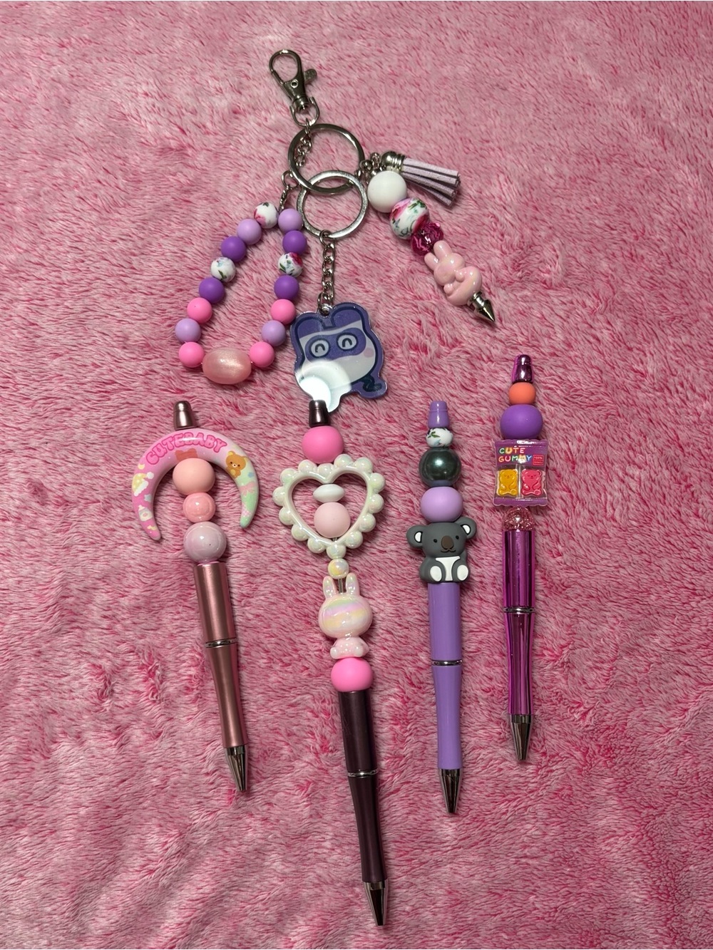Cute Kawaii Pink & Purple Beaded Charm Pens and Keychain Set